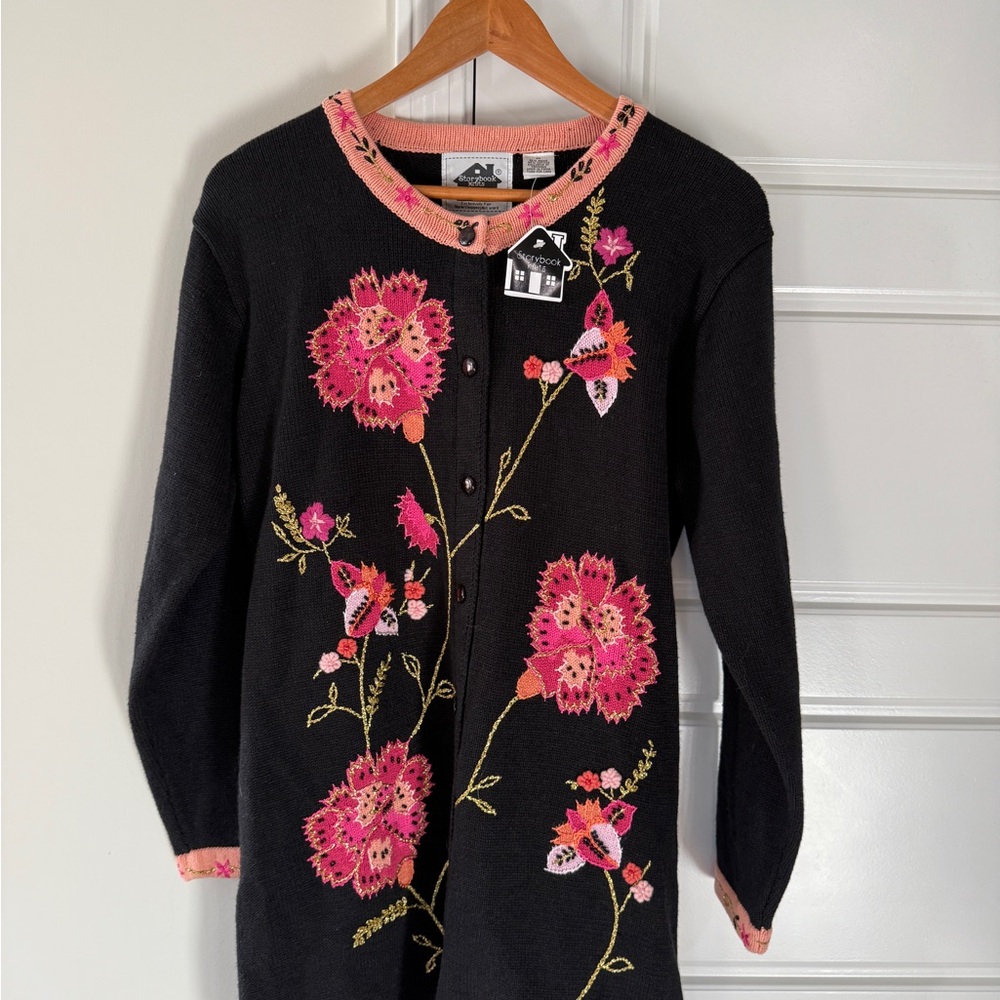 Storybook Knits Floral Embroidered Black Autumn Cardigan Medium NWT - Picture 7 of 7